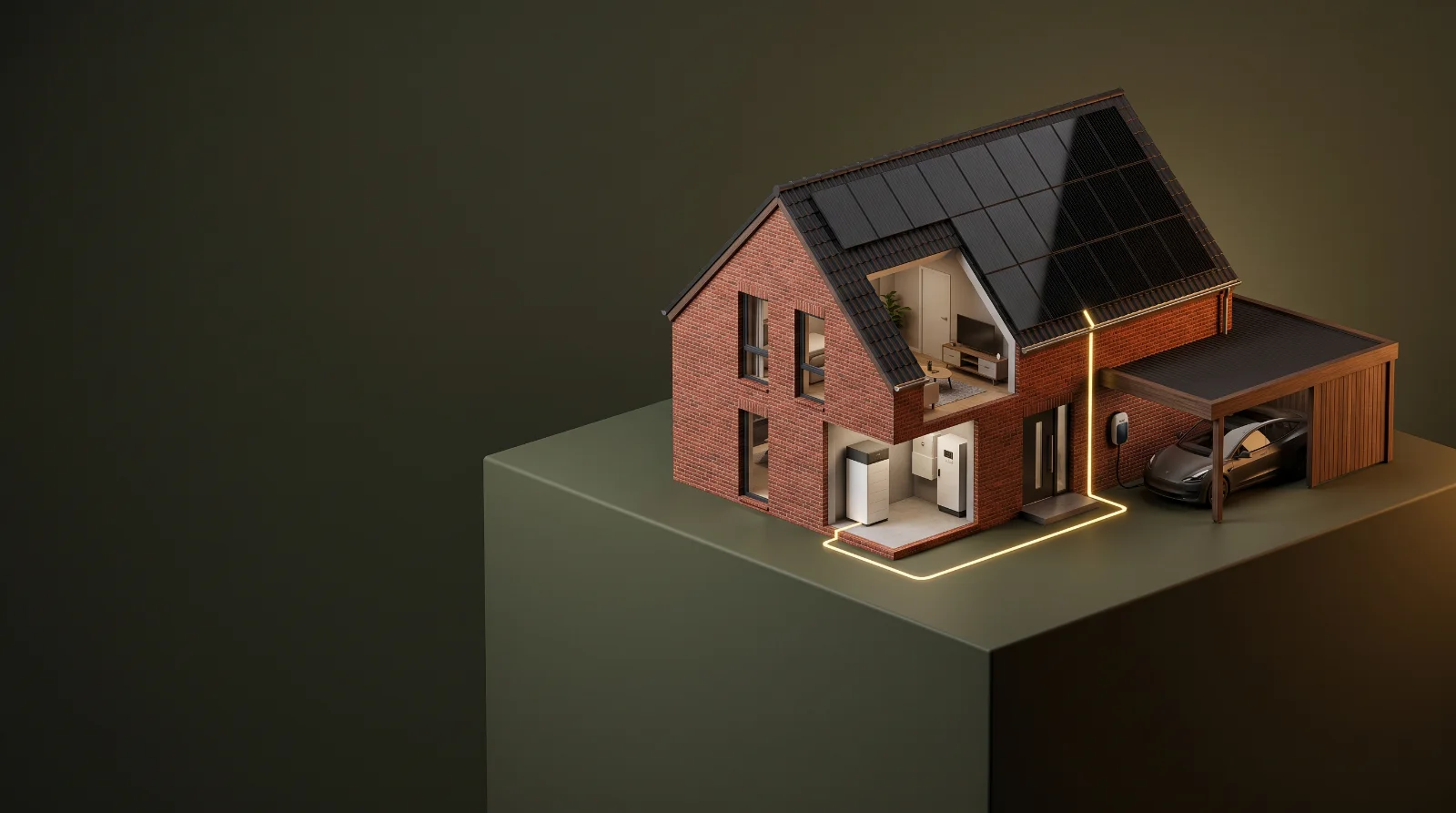 Illustration: offenes Hausmodell mit PV-Dach, Batteriespeicher und Wallbox